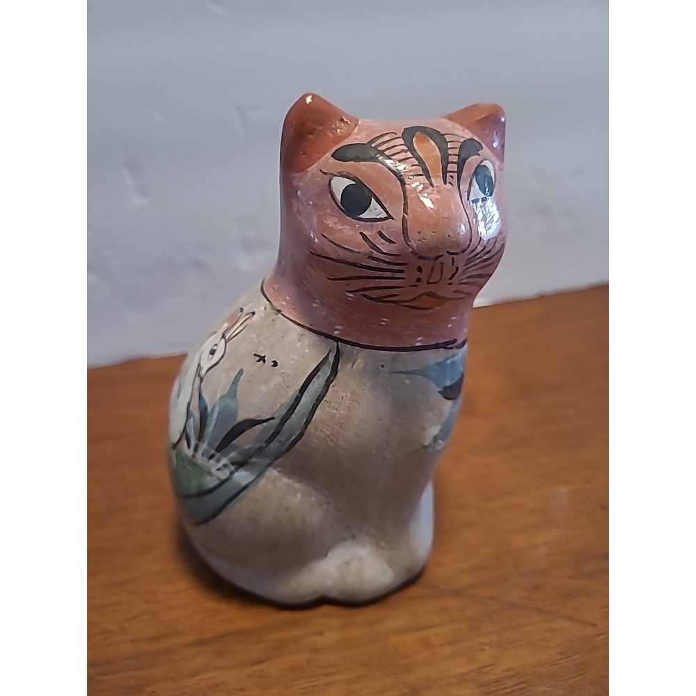 Vintage Mexican Tonala like Cat Ceramic Pottery Folk Art Handpainted 5 inch